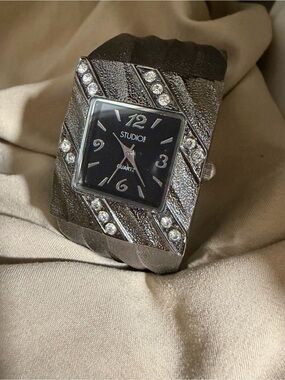 Studio Silver-Tone Women's Square Crystal Accent Watch with Black Dial